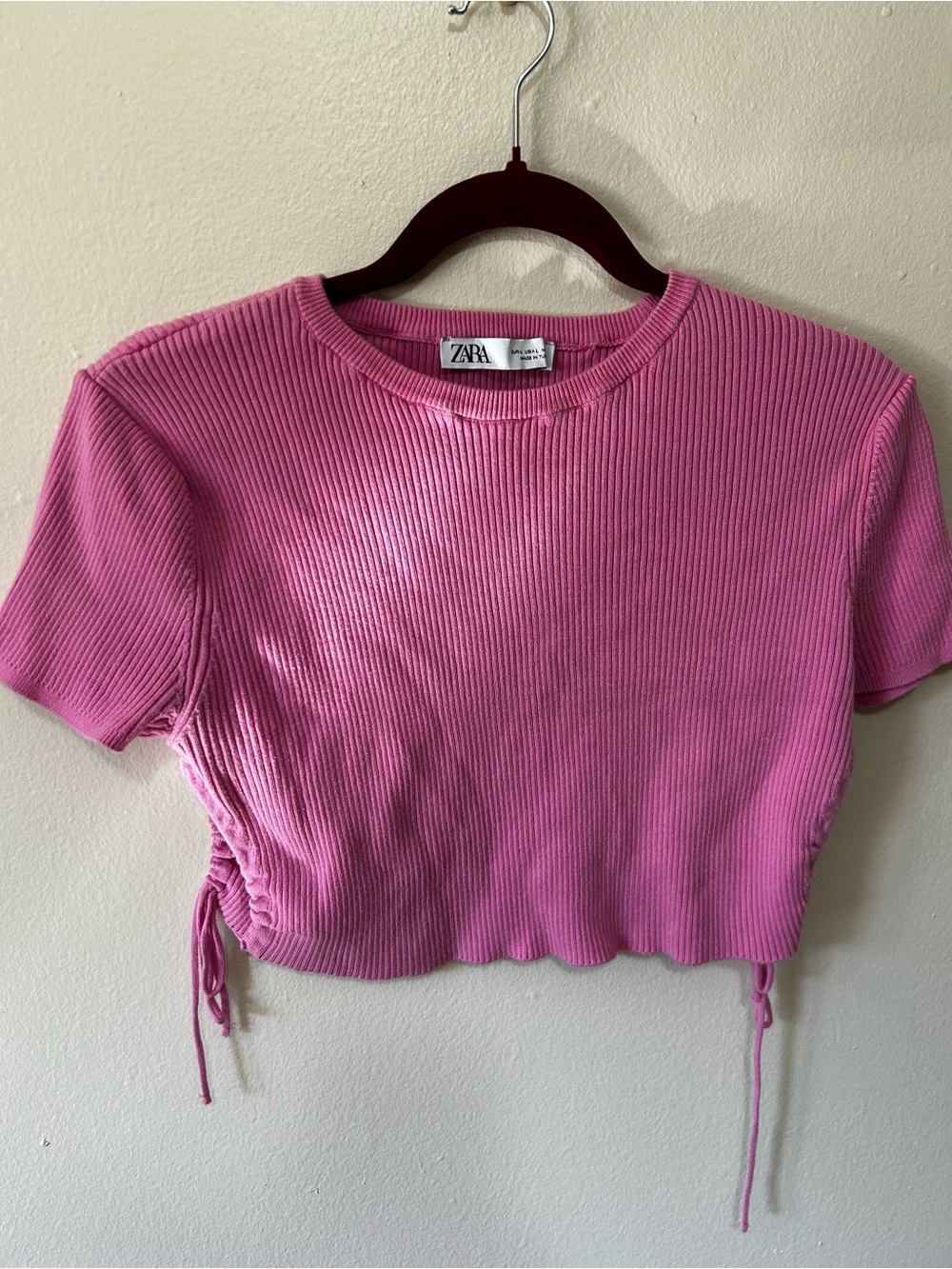 Zara Pink Ribbed Cropped Tee with Side Drawstrings